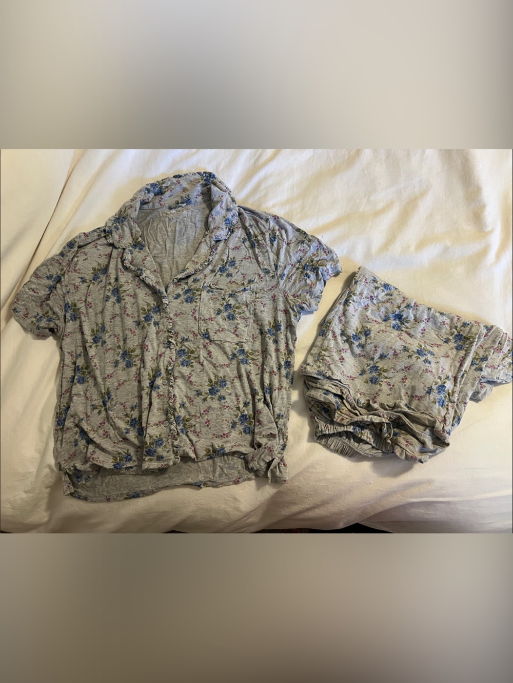aerie Grey Floral Short Sleeve Pajama Top and Shorts
